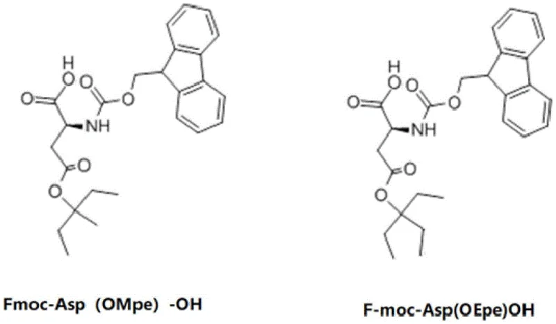 Chemical structures of Fmoc-Asp(OMpe)-OH and Fmoc-Asp(OEpe)-OH showing specialized steric hindrance