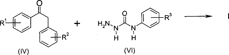 Prior art Scheme 1 showing low yield reaction of ketone IV with N-Carbamoyl aniline VI