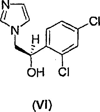 Chemical structures of key reactants R-(-)-1-(2,4-dichlorophenyl)-2-(1H-imidazol-1-yl)-ethanol (VI) and 3-halomethyl-7-chlorobenzo[b]thiophene (III) used in the synthesis