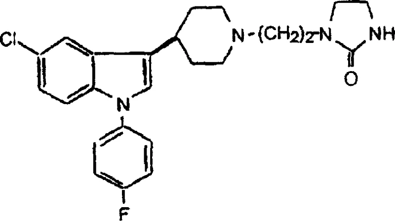 Chemical structure of Sertindole showing the indole core, fluorophenyl group, and imidazolidinone side chain