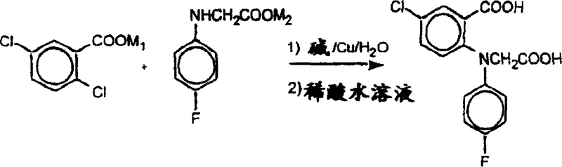 Reaction scheme showing the copper-catalyzed coupling of dichlorobenzoic acid and N-(4-fluorophenyl)glycine in aqueous medium
