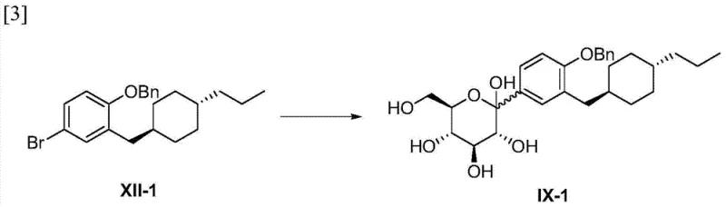 Lithiation of intermediate XII-1 and coupling with glucose lactone XI to form intermediate IX-1