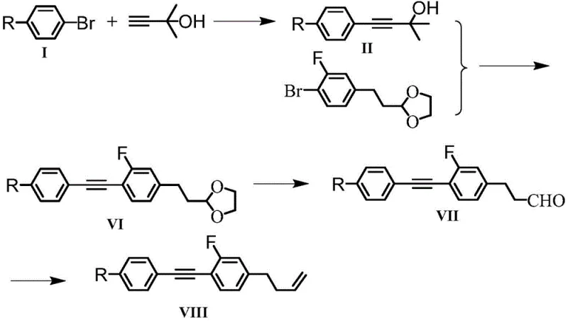 Synthetic route for alkyl-linked side fluorine tolane diluent via Sonogashira coupling and Wittig reaction