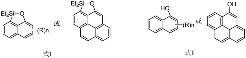 General reaction scheme showing the conversion of Formula II naphthol derivatives to Formula I silicon-containing fused heterocycles using H2SiEt2 and a ruthenium catalyst