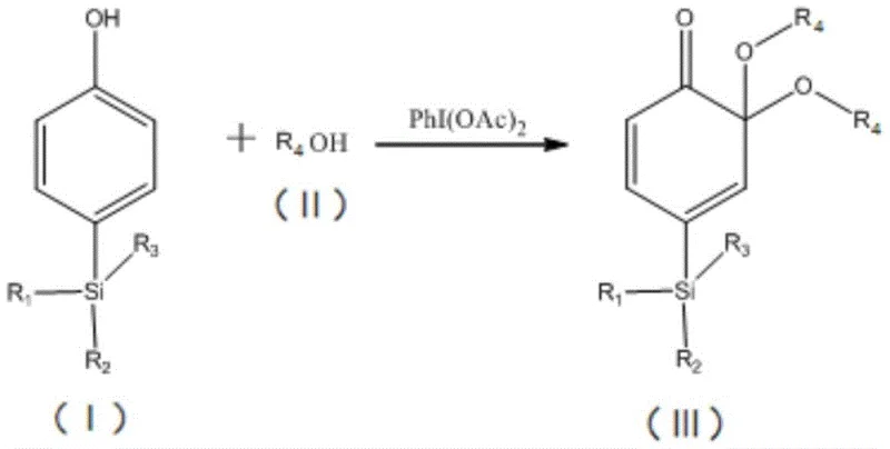 General reaction scheme showing the oxidative dearomatization of para-silyl phenol (I) with alcohol (II) to form spirocyclic product (III) using PhI(OAc)2
