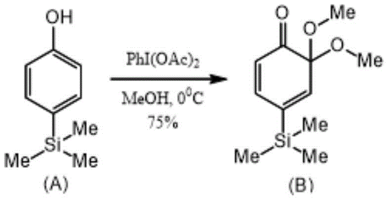 Specific example reaction converting para-silyl phenol (A) to spiro-dienone ketal (B) using methanol and PhI(OAc)2 with 75% yield