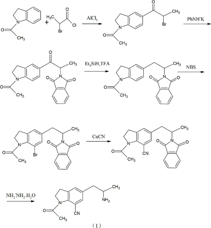 Prior art synthesis route showing bromination with NBS and subsequent cyanation steps