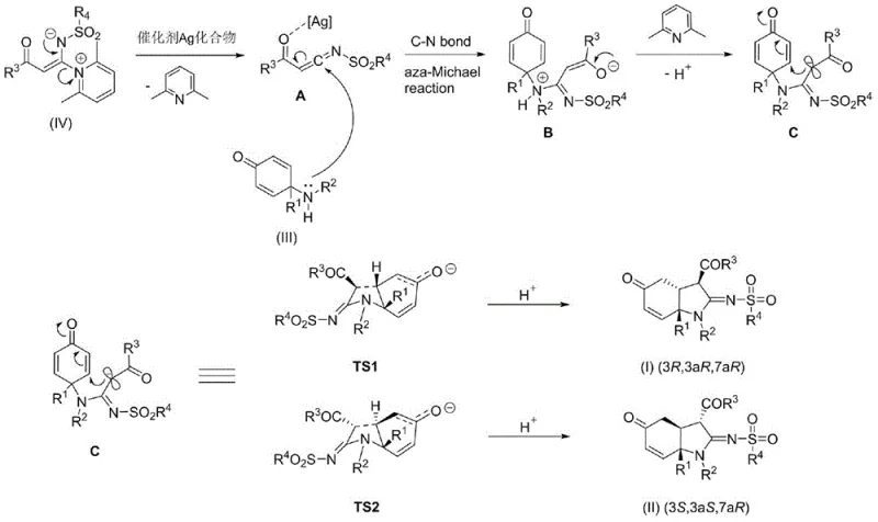 Detailed catalytic mechanism showing the formation of intermediates A, B, and C leading to diastereomers via transition states TS1 and TS2
