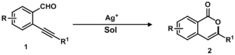 General reaction scheme showing silver-catalyzed conversion of 2-(phenylethynyl)benzaldehyde to isocoumarin derivatives