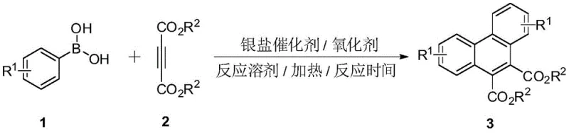 General reaction scheme for silver-catalyzed synthesis of 9,10-phenanthrene dicarboxylic esters from phenylboronic acids and alkynes