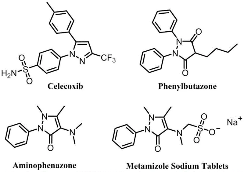 Chemical structures of prominent pyrazole-based drugs including Celecoxib and Phenylbutazone demonstrating market relevance