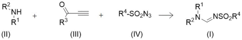 General reaction scheme showing the silver-catalyzed synthesis of sulfonyl formamidine derivatives from amine, alkynone, and sulfonyl azide