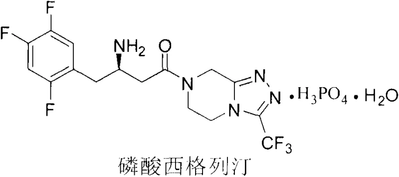 Chemical structure of Sitagliptin Phosphate showing the core triazolopyrazine and trifluorophenyl moieties
