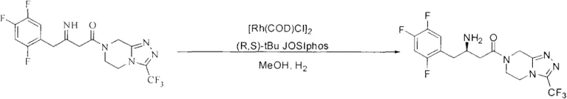 Prior art reaction scheme showing Rh-catalyzed asymmetric hydrogenation of enamide
