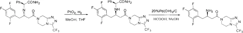 Prior art reaction scheme showing Pd-catalyzed hydrogenation route