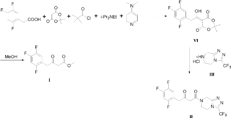Prior art synthetic route using Meldrum's acid showing complex multi-step sequence