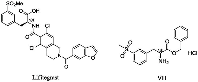 Chemical structures of Lifitegrast and its key intermediate (S)-2-amino-3-methylsulfonyl-benzyl phenylpropionate hydrochloride (Compound VIII)