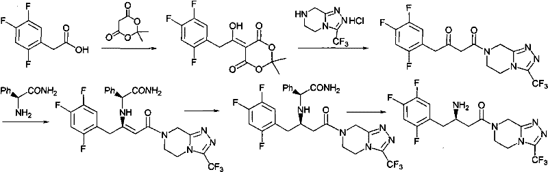 Prior art synthetic route for Sitagliptin intermediates showing complex steps and high catalyst usage