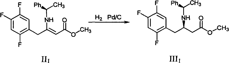 Specific hydrogenation reaction converting intermediate II1 to III1 using Pd/C catalyst