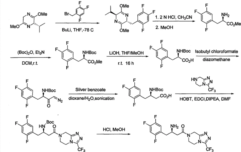 Prior art synthetic route for Sitagliptin showing complex chiral induction steps