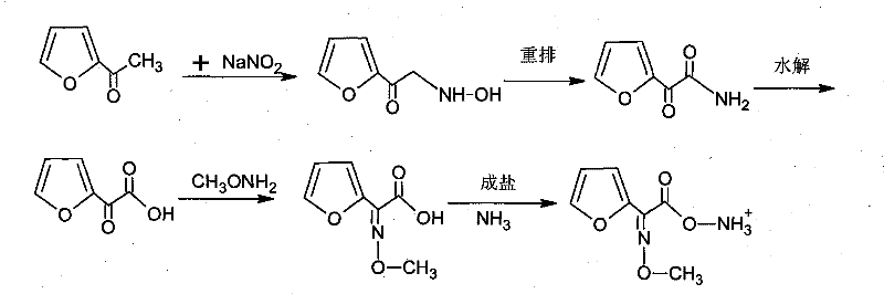 Complete synthesis route of SMIA showing oximation, rearrangement, hydrolysis, condensation, and salt formation steps