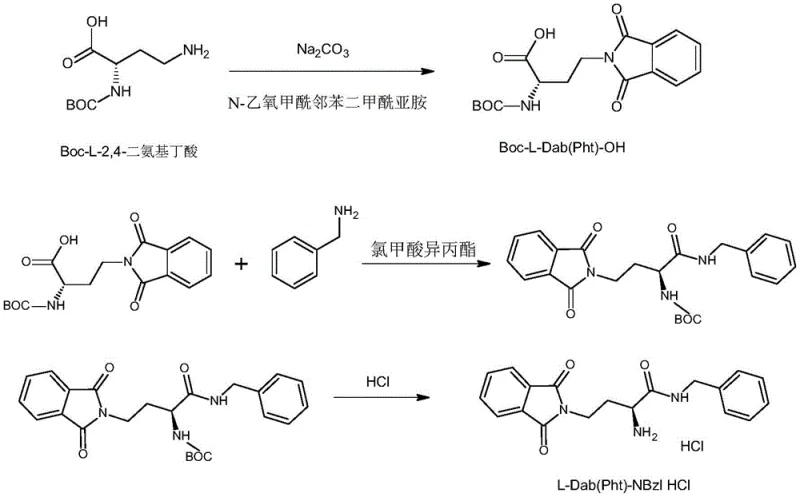 Reaction scheme for Step 2 showing Dab protection and benzylamine coupling