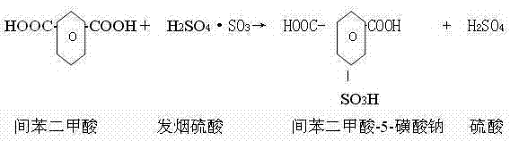Sulfonation reaction of m-phthalic acid with fuming sulfuric acid to form the sulfonated intermediate