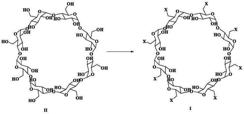 Reaction scheme showing the conversion of Gamma-Cyclodextrin to Octa-6-perdeoxy-6-perhalo-gamma-cyclodextrin using Thioether and Halogen