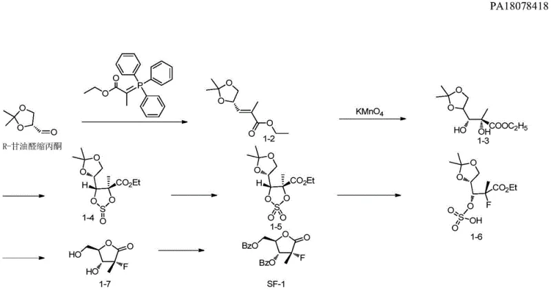 Reaction scheme of Comparative Example 1 showing the low-yield prior art synthesis route