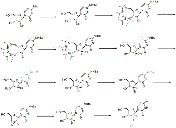 Complex multi-step synthetic route from cytidine showing limitations of conventional methods