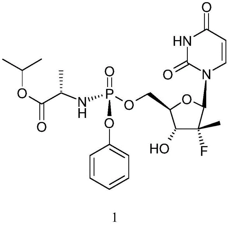 Chemical structure of Sofosbuvir showing the phosphoramidate prodrug moiety and fluorinated sugar ring