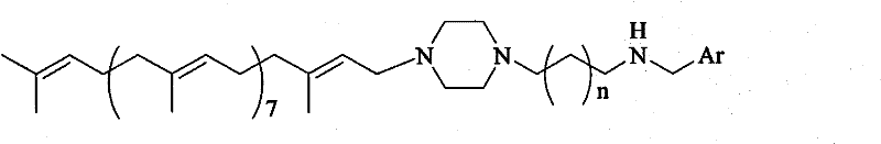 General chemical structure of Solanesyl polyamine derivatives showing the solanesyl chain, piperazine linker, and variable aromatic group Ar