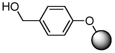 Chemical structure of Wang resin linker displaying the p-alkoxybenzyl alcohol moiety bound to the polymer bead