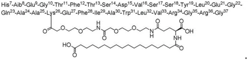 Chemical structure of Somaglutide showing the peptide backbone and fatty acid side chain modification