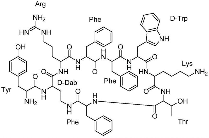 Chemical structure of Somatostatin KE108 showing the amino acid sequence and side chain protections