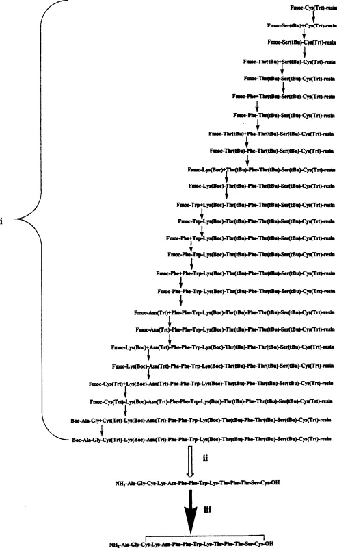 Overall synthesis process flow of Somatostatin from resin loading to final cyclic product