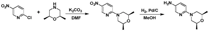 Prior art reaction scheme showing expensive Suzuki coupling and chiral morpholine usage