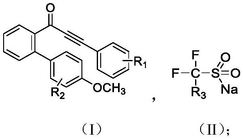 Structural formulas of ortho-alkynylbenzoyl biphenyl and fluorine-containing sodium methylsulfinate substrates