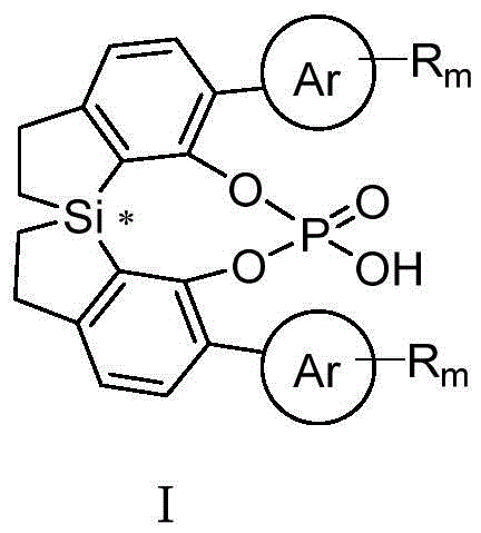 Chemical structure of chiral phosphoric acid with spiro-bis-dihydrobenzothiole skeleton showing silicon center and phosphate group
