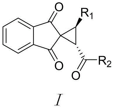 General structural formula of spiro[cyclopropane-1,2'-indene]-1',3'-diketone derivatives showing variable R1 and R2 groups