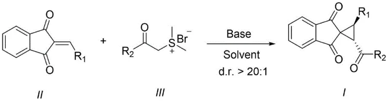 Reaction scheme showing base-catalyzed cyclopropanation of 2-ethylidene-indandione with sulfur ylide