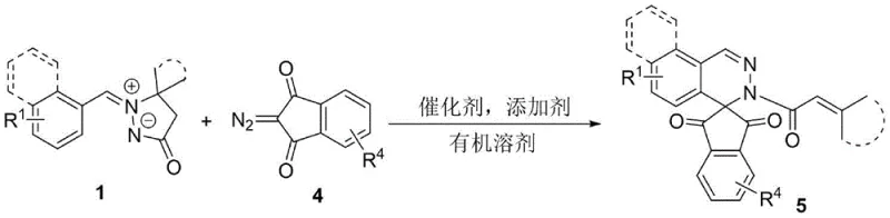 Reaction scheme for synthesizing 1,3-indanedione spiro dihydrophthalazine compounds