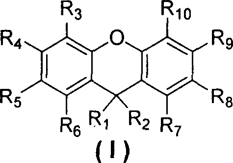 General structural formula of xanthene compounds showing variable substituents R1-R10