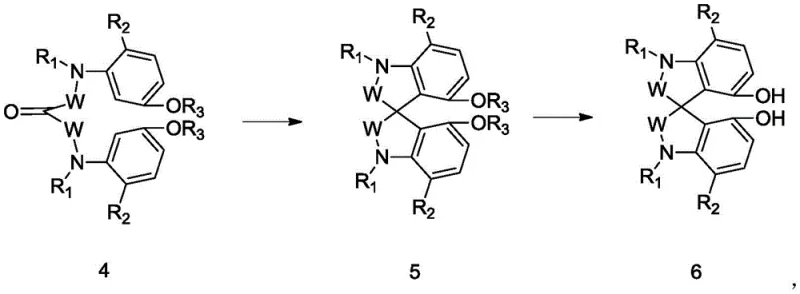 General reaction scheme showing the conversion of compound 4 to spiro compound 5 and finally to spiro indole diphenol 6