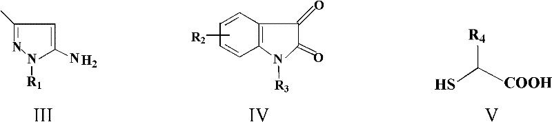 General reaction scheme for synthesizing dihydrospiro[indole-3,4'-pyrazolo[3,4-e][1,4]thiazepine] diketones using isatin, aminopyrazole, and mercapto acid