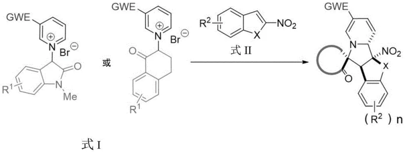 General reaction scheme showing pyridinium salt reacting with nitro-heterocycle to form spiro-indolizidine