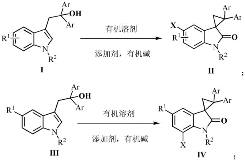 General reaction scheme showing the conversion of 3-indole ethanol derivatives to 3-spiro-tricyclic indolones using NBS/NCS and organic base