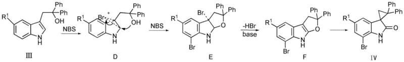 Mechanism pathway for C5-substituted indole substrates showing regioselective bromination at C7