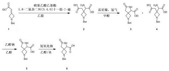 Reaction scheme showing the four-step synthesis from compound 1 to final acid 6 via nitro-intermediate 2 and amine mixture 3/4