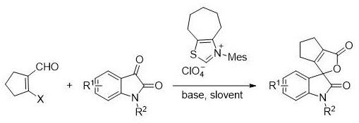 General reaction equation showing the conversion of aldehyde and isatin to spiro-product